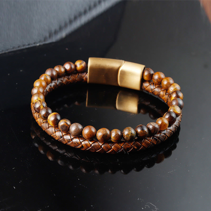 Nimara Ritual Multi-layer Woven Tiger Eye Stone Beads Leather Titanium Steel Strength Buckle Bracelet