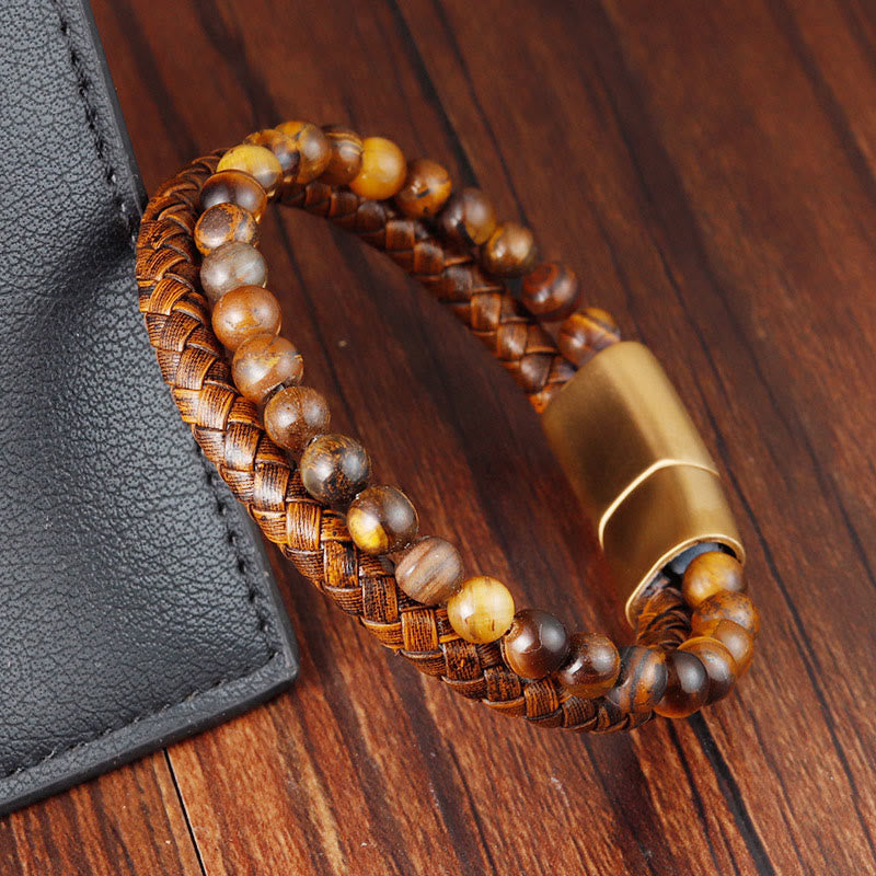 Nimara Ritual Multi-layer Woven Tiger Eye Stone Beads Leather Titanium Steel Strength Buckle Bracelet