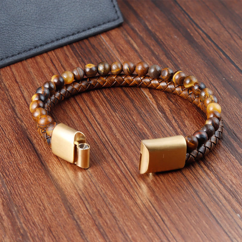 Nimara Ritual Multi-layer Woven Tiger Eye Stone Beads Leather Titanium Steel Strength Buckle Bracelet