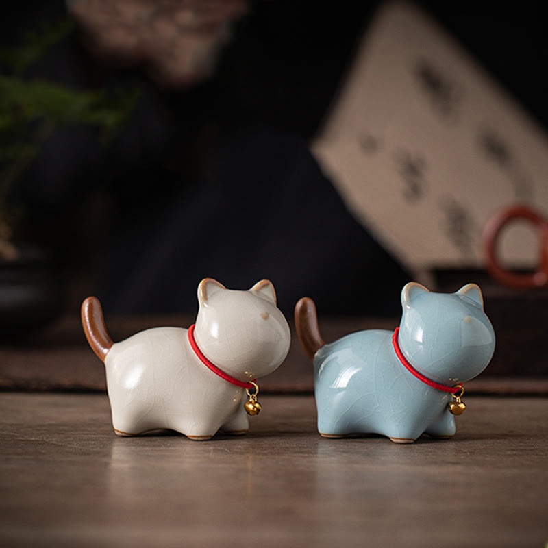Nimara Ritual Mini Lucky Cute Standing Cat Red Rope Bell Ceramic Figurine Decoration