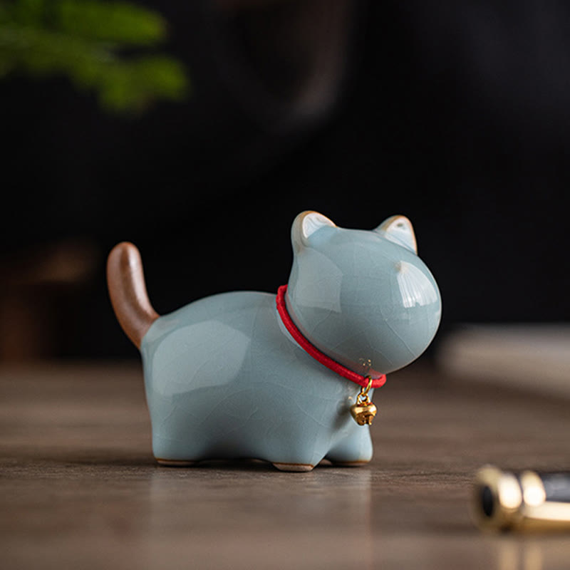 Nimara Ritual Mini Lucky Cute Standing Cat Red Rope Bell Ceramic Figurine Decoration