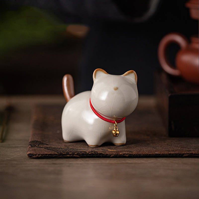 Nimara Ritual Mini Lucky Cute Standing Cat Red Rope Bell Ceramic Figurine Decoration