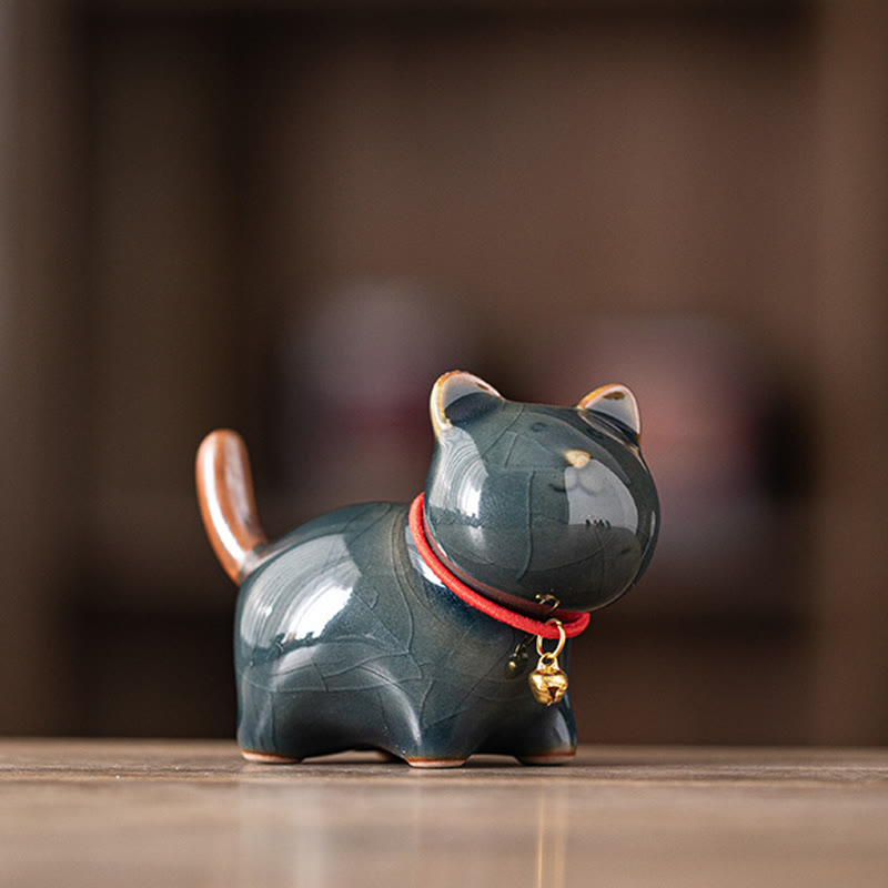 Nimara Ritual Mini Lucky Cute Standing Cat Red Rope Bell Ceramic Figurine Decoration