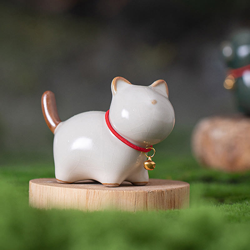 Nimara Ritual Mini Lucky Cute Standing Cat Red Rope Bell Ceramic Figurine Decoration