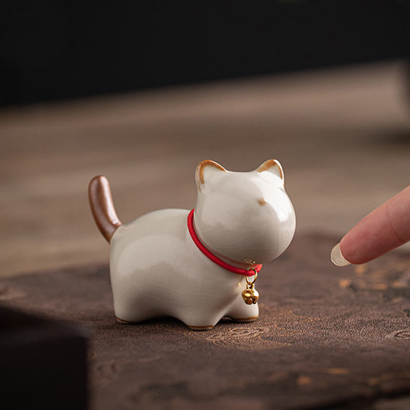 Nimara Ritual Mini Lucky Cute Standing Cat Red Rope Bell Ceramic Figurine Decoration