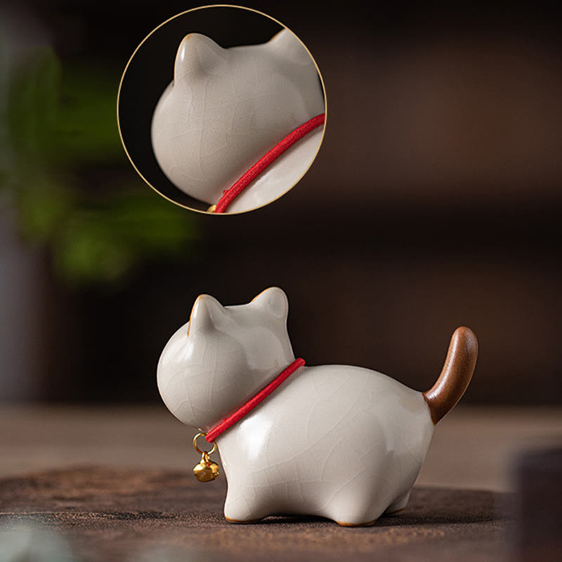 Nimara Ritual Mini Lucky Cute Standing Cat Red Rope Bell Ceramic Figurine Decoration