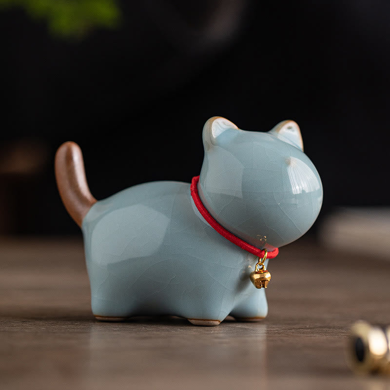 Nimara Ritual Mini Lucky Cute Standing Cat Red Rope Bell Ceramic Figurine Decoration