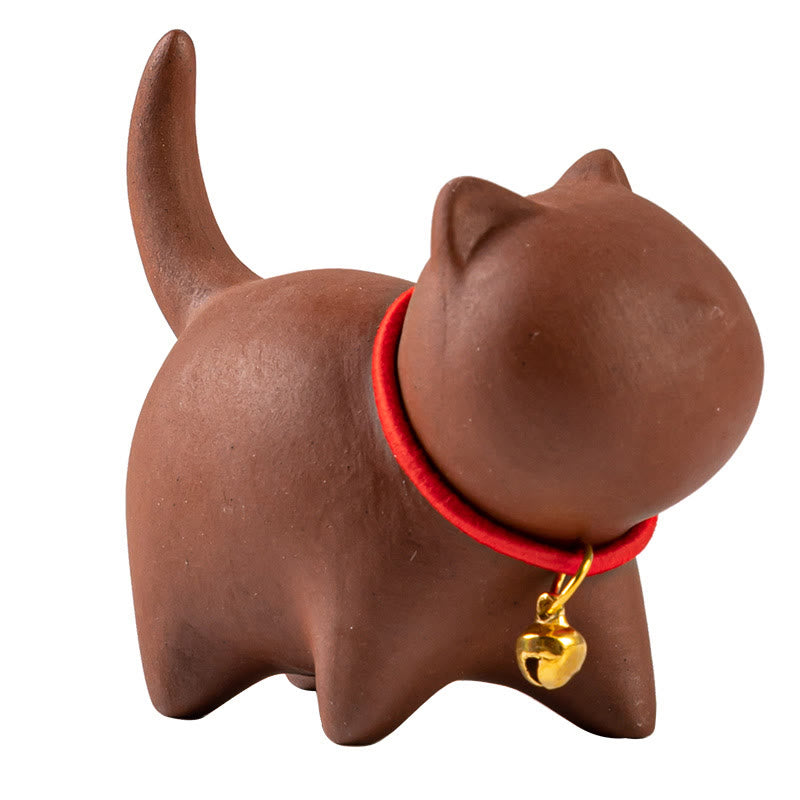 Nimara Ritual Mini Lovely Red Rope Bell Cat Tea Pet Purple Clay Figurine Desk Decoration