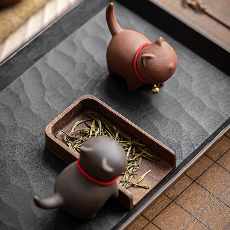 Nimara Ritual Mini Lovely Red Rope Bell Cat Tea Pet Purple Clay Figurine Desk Decoration