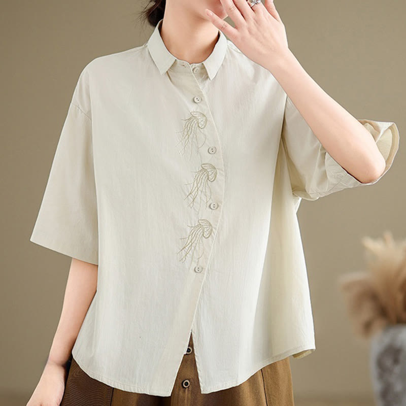 Nimara Ritual Casual Women's Embroidered Jellyfish Pattern Stand Collar Buttons Design Half Sleeve Cotton Shirt