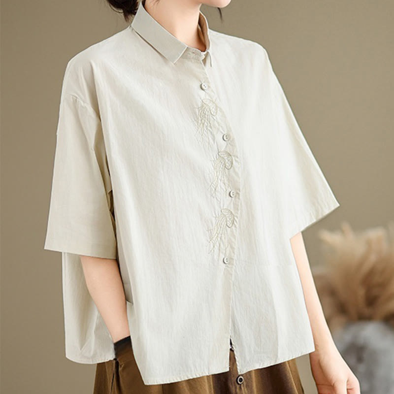 Nimara Ritual Casual Women's Embroidered Jellyfish Pattern Stand Collar Buttons Design Half Sleeve Cotton Shirt