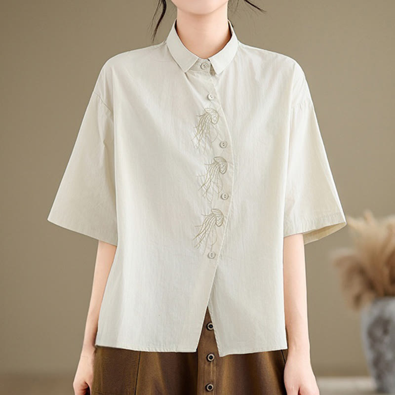 Nimara Ritual Casual Women's Embroidered Jellyfish Pattern Stand Collar Buttons Design Half Sleeve Cotton Shirt