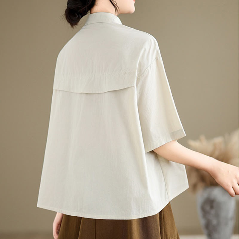 Nimara Ritual Casual Women's Embroidered Jellyfish Pattern Stand Collar Buttons Design Half Sleeve Cotton Shirt