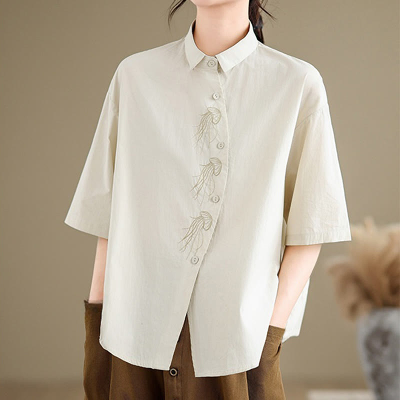 Nimara Ritual Casual Women's Embroidered Jellyfish Pattern Stand Collar Buttons Design Half Sleeve Cotton Shirt