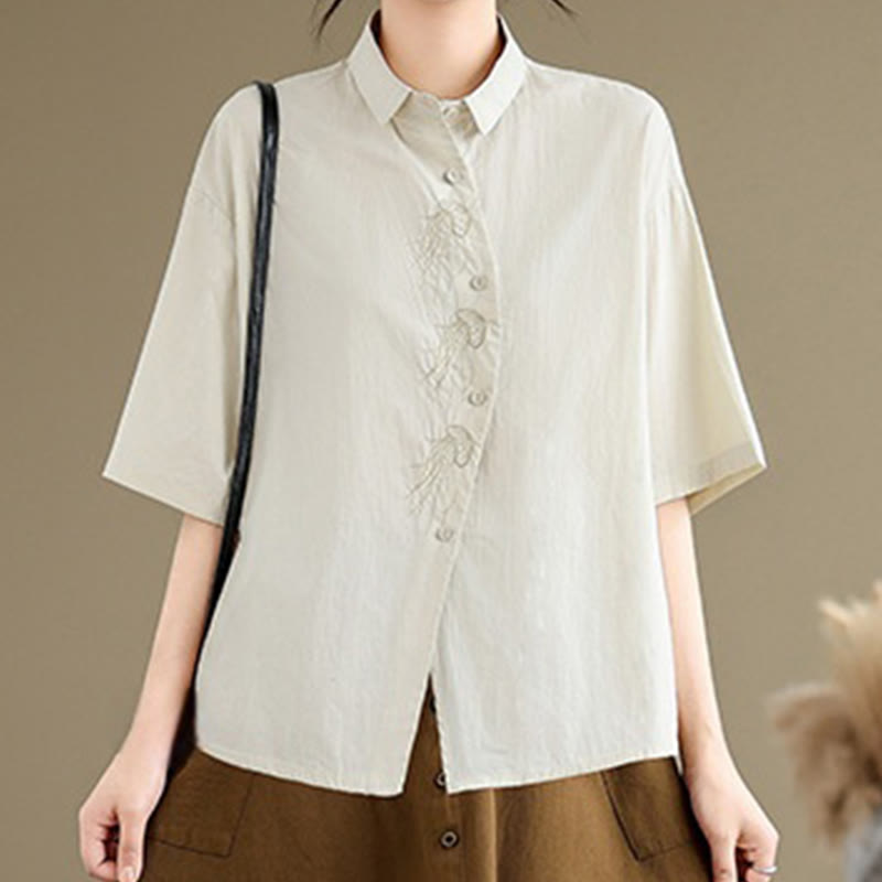 Nimara Ritual Casual Women's Embroidered Jellyfish Pattern Stand Collar Buttons Design Half Sleeve Cotton Shirt