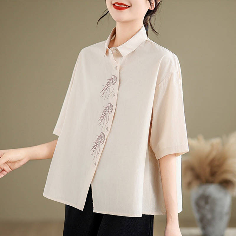Nimara Ritual Casual Women's Embroidered Jellyfish Pattern Stand Collar Buttons Design Half Sleeve Cotton Shirt