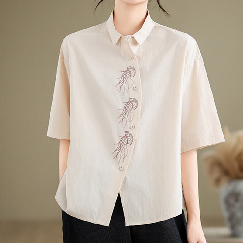 Nimara Ritual Casual Women's Embroidered Jellyfish Pattern Stand Collar Buttons Design Half Sleeve Cotton Shirt