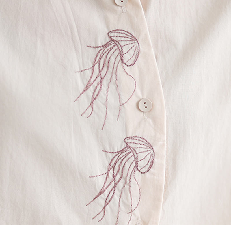 Nimara Ritual Casual Women's Embroidered Jellyfish Pattern Stand Collar Buttons Design Half Sleeve Cotton Shirt