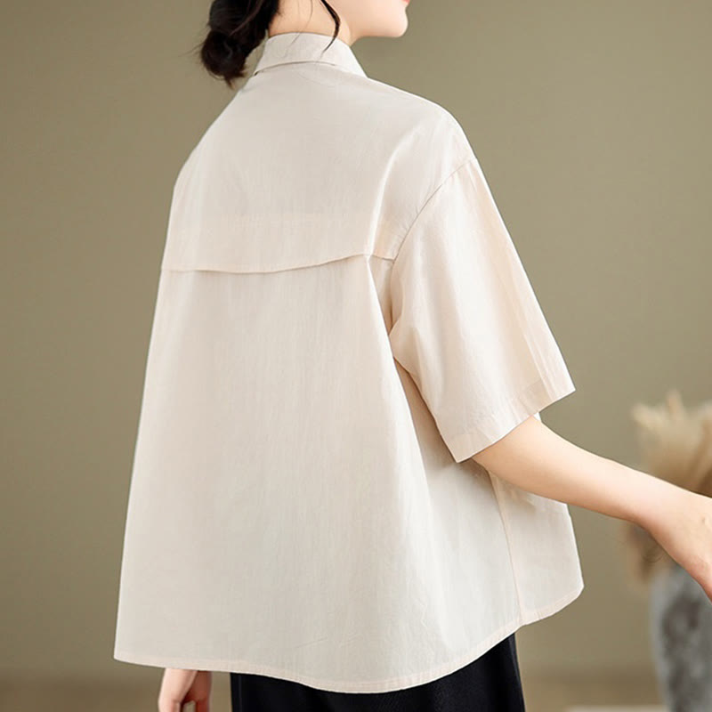 Nimara Ritual Casual Women's Embroidered Jellyfish Pattern Stand Collar Buttons Design Half Sleeve Cotton Shirt