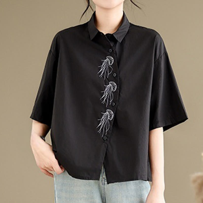 Nimara Ritual Casual Women's Embroidered Jellyfish Pattern Stand Collar Buttons Design Half Sleeve Cotton Shirt