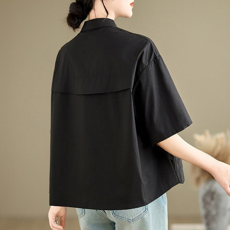 Nimara Ritual Casual Women's Embroidered Jellyfish Pattern Stand Collar Buttons Design Half Sleeve Cotton Shirt
