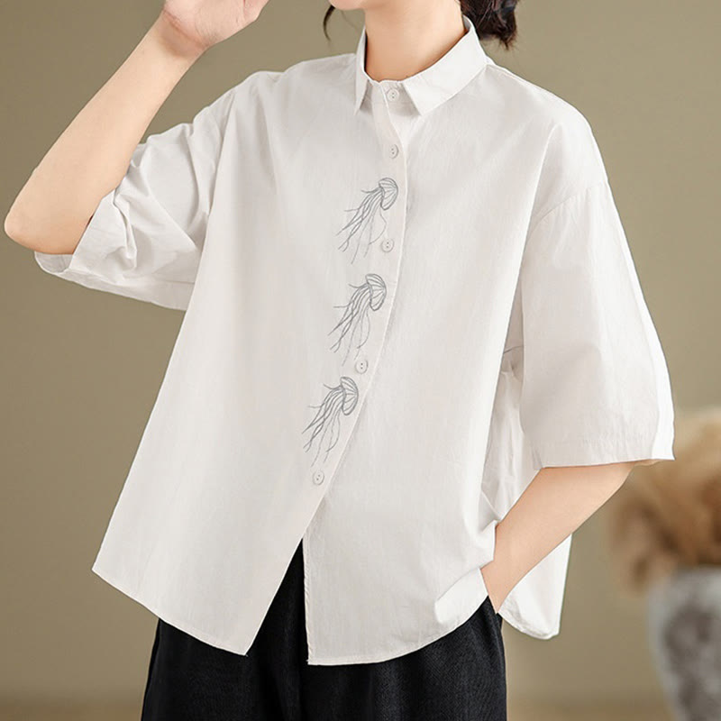Nimara Ritual Casual Women's Embroidered Jellyfish Pattern Stand Collar Buttons Design Half Sleeve Cotton Shirt