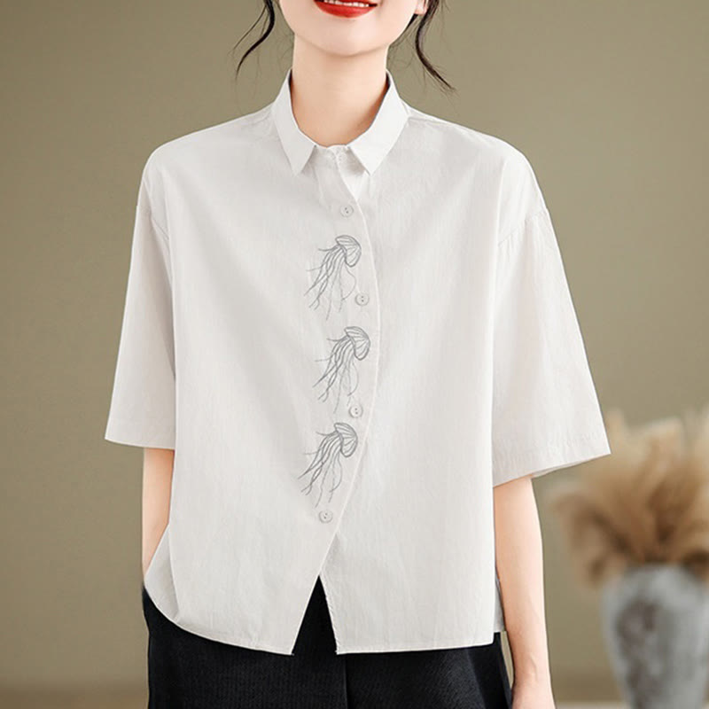 Nimara Ritual Casual Women's Embroidered Jellyfish Pattern Stand Collar Buttons Design Half Sleeve Cotton Shirt