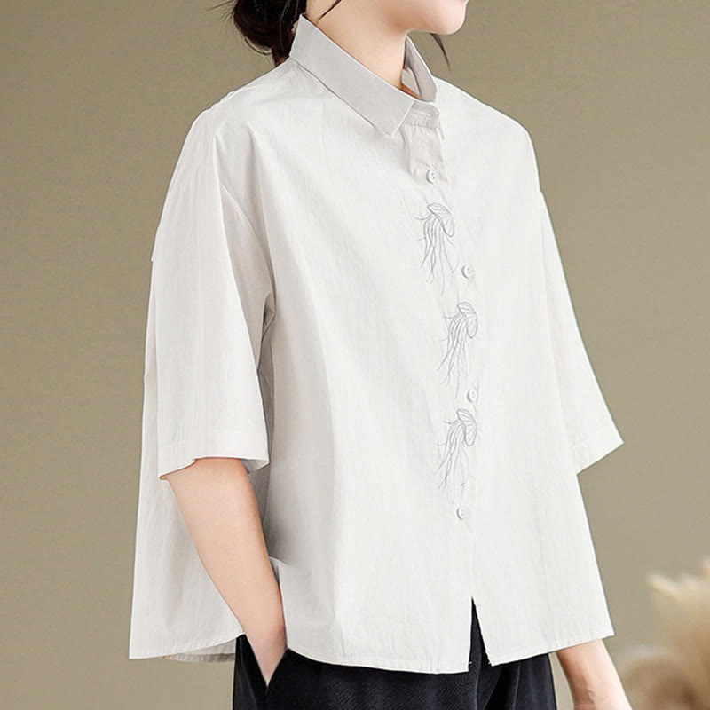 Nimara Ritual Casual Women's Embroidered Jellyfish Pattern Stand Collar Buttons Design Half Sleeve Cotton Shirt