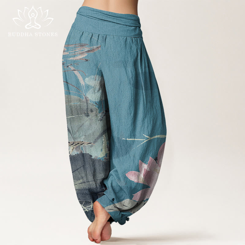 Nimara Ritual Cotton Pink Lotus Leaves Bird Pattern Women's Elastic Waist Harem Pants