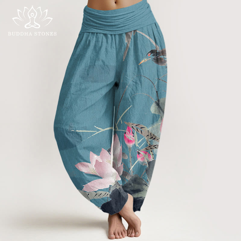 Nimara Ritual Cotton Pink Lotus Leaves Bird Pattern Women's Elastic Waist Harem Pants