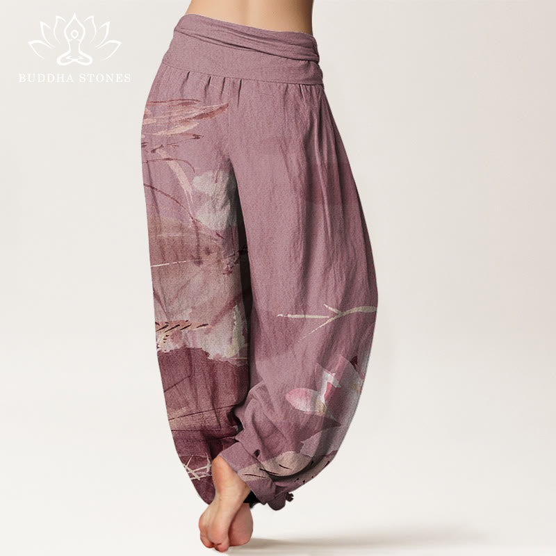 Nimara Ritual Cotton Pink Lotus Leaves Bird Pattern Women's Elastic Waist Harem Pants