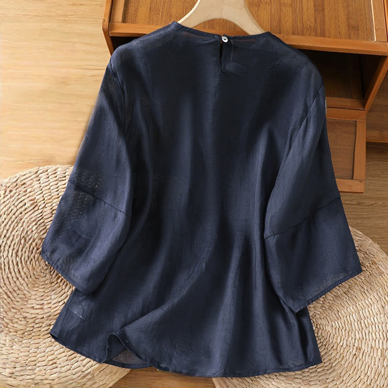 Nimara Ritual Casual Pure Color Crew Neck Women's Cotton Linen Three Quarter Sleeve Shirt