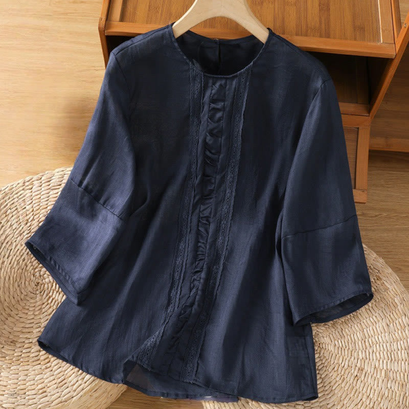 Nimara Ritual Casual Pure Color Crew Neck Women's Cotton Linen Three Quarter Sleeve Shirt