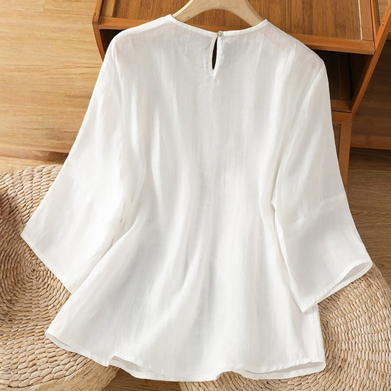 Nimara Ritual Casual Pure Color Crew Neck Women's Cotton Linen Three Quarter Sleeve Shirt