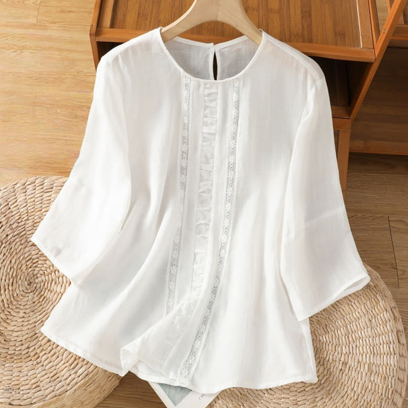 Nimara Ritual Casual Pure Color Crew Neck Women's Cotton Linen Three Quarter Sleeve Shirt