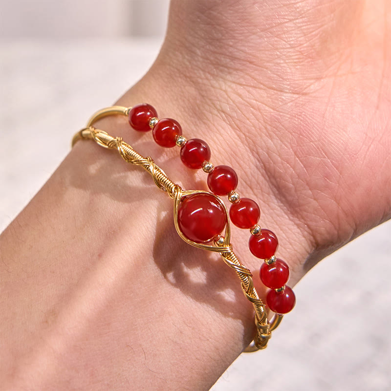 Nimara Ritual 14K Gold Filled Copper Natural Red Agate Beads Confidence Metal Cuff Bracelet Bangle