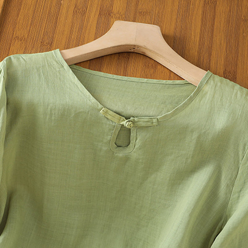 Nimara Ritual Casual Floral Embroidery Crew Neck Women's Frog-Button Polyester Half Sleeve Shirt