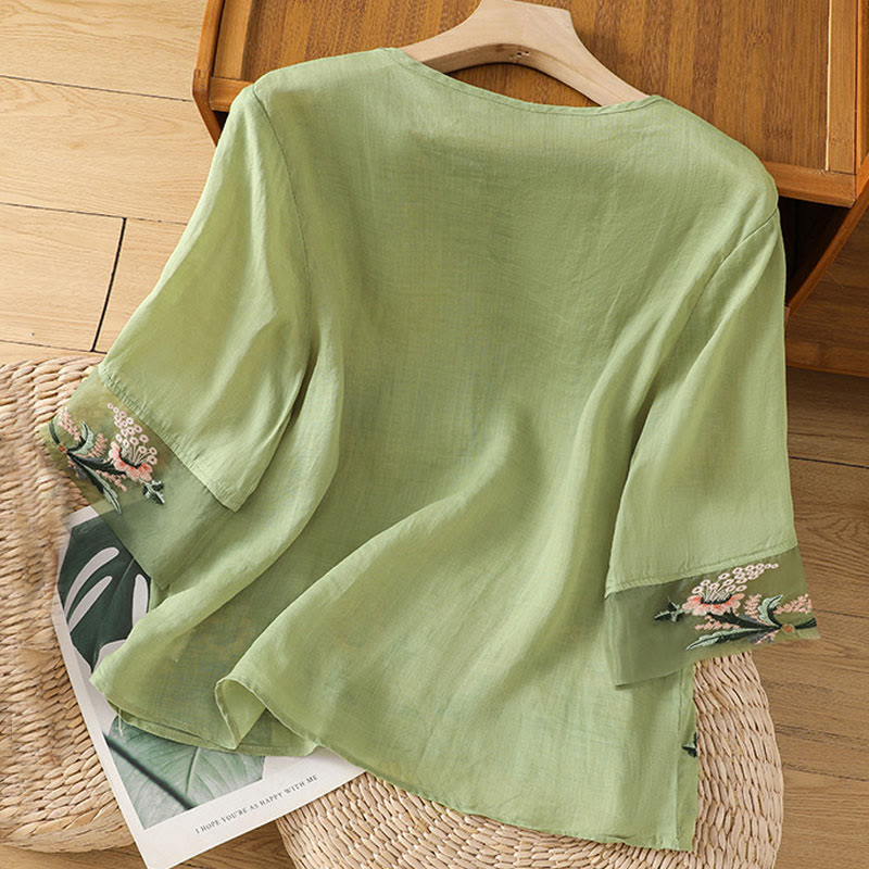Nimara Ritual Casual Floral Embroidery Crew Neck Women's Frog-Button Polyester Half Sleeve Shirt