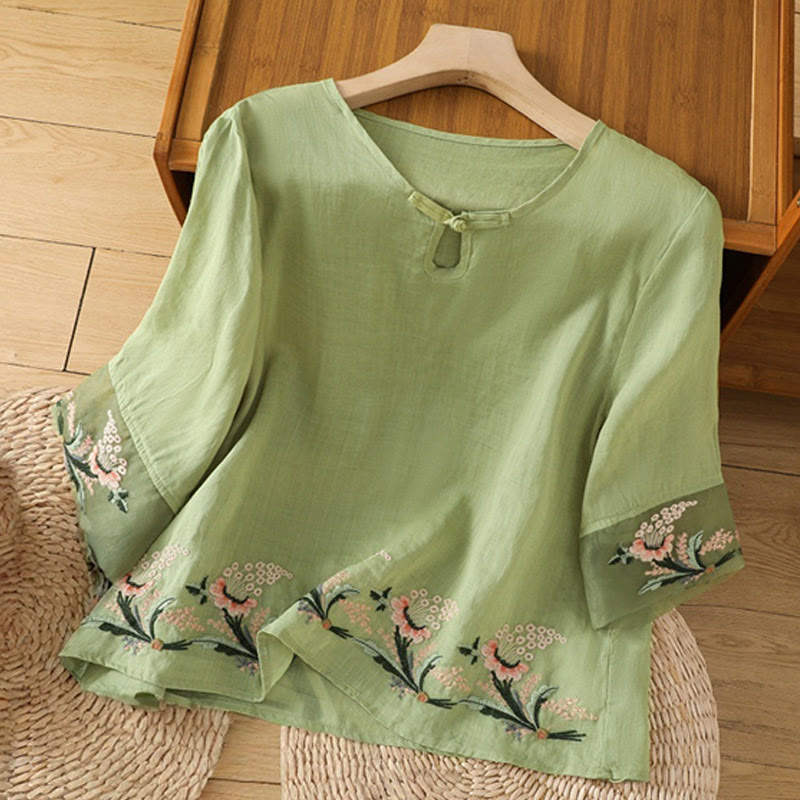 Nimara Ritual Casual Floral Embroidery Crew Neck Women's Frog-Button Polyester Half Sleeve Shirt
