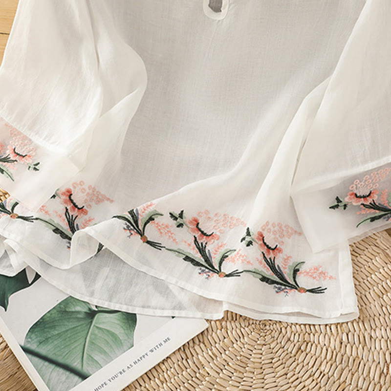 Nimara Ritual Casual Floral Embroidery Crew Neck Women's Frog-Button Polyester Half Sleeve Shirt