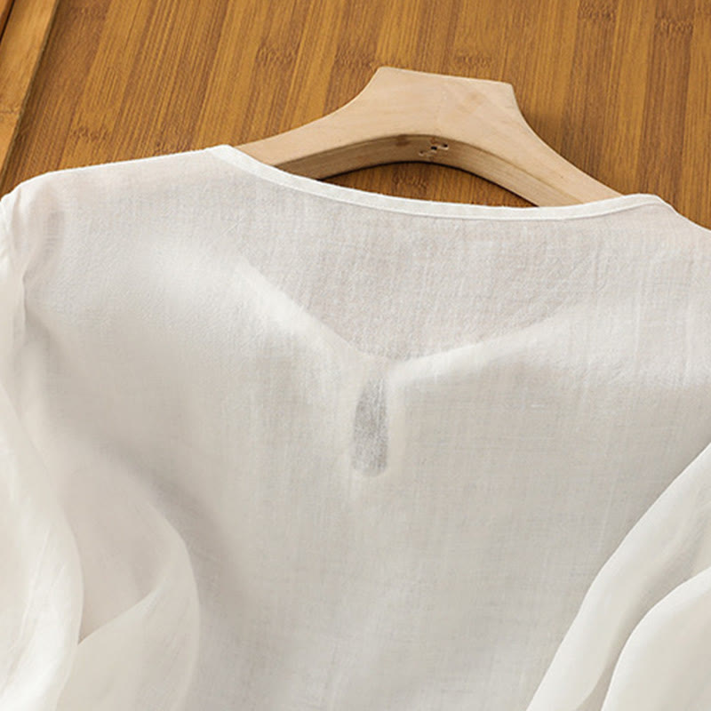 Nimara Ritual Casual Floral Embroidery Crew Neck Women's Frog-Button Polyester Half Sleeve Shirt