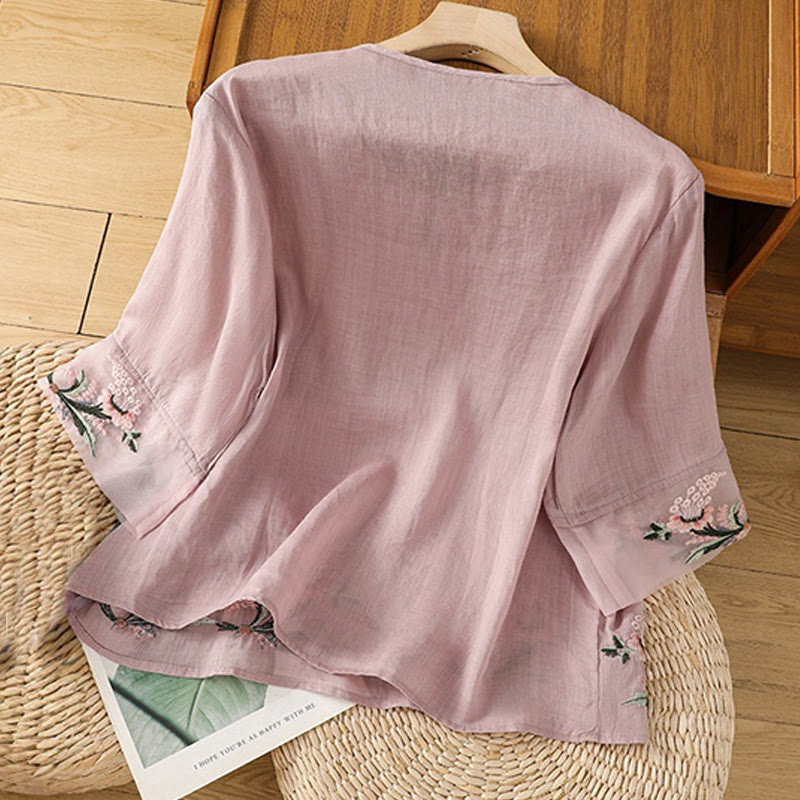 Nimara Ritual Casual Floral Embroidery Crew Neck Women's Frog-Button Polyester Half Sleeve Shirt