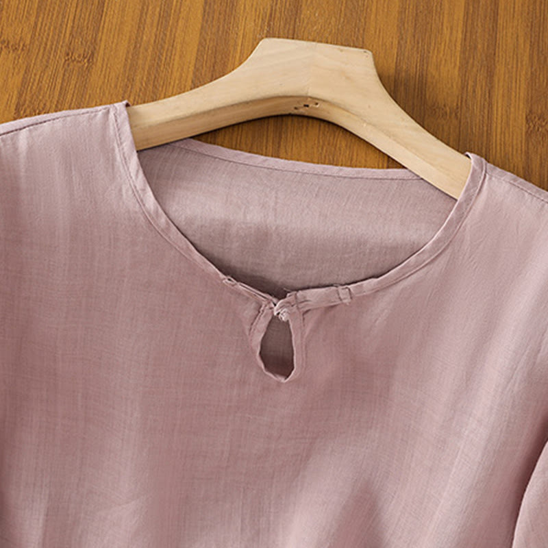 Nimara Ritual Casual Floral Embroidery Crew Neck Women's Frog-Button Polyester Half Sleeve Shirt
