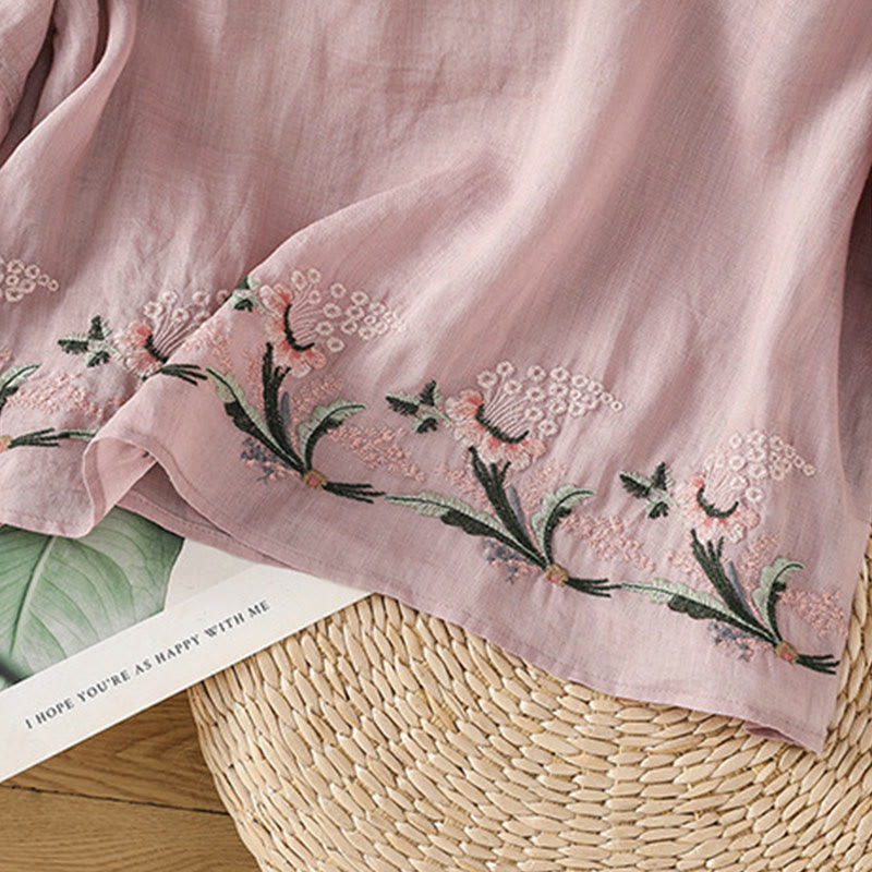 Nimara Ritual Casual Floral Embroidery Crew Neck Women's Frog-Button Polyester Half Sleeve Shirt