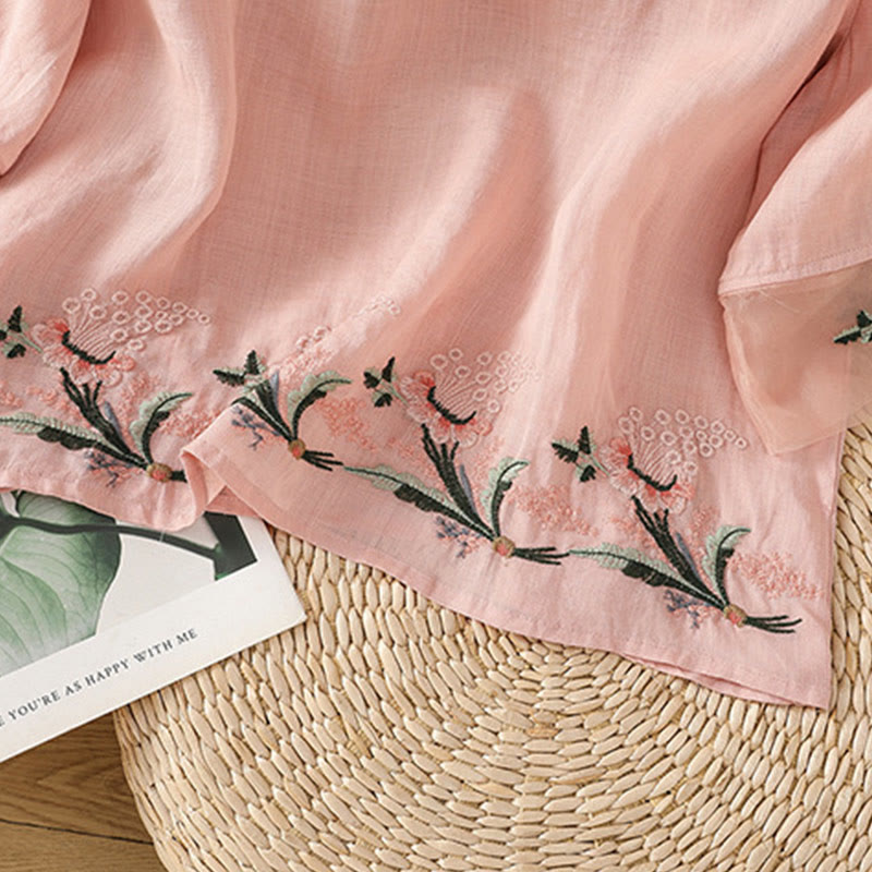 Nimara Ritual Casual Floral Embroidery Crew Neck Women's Frog-Button Polyester Half Sleeve Shirt