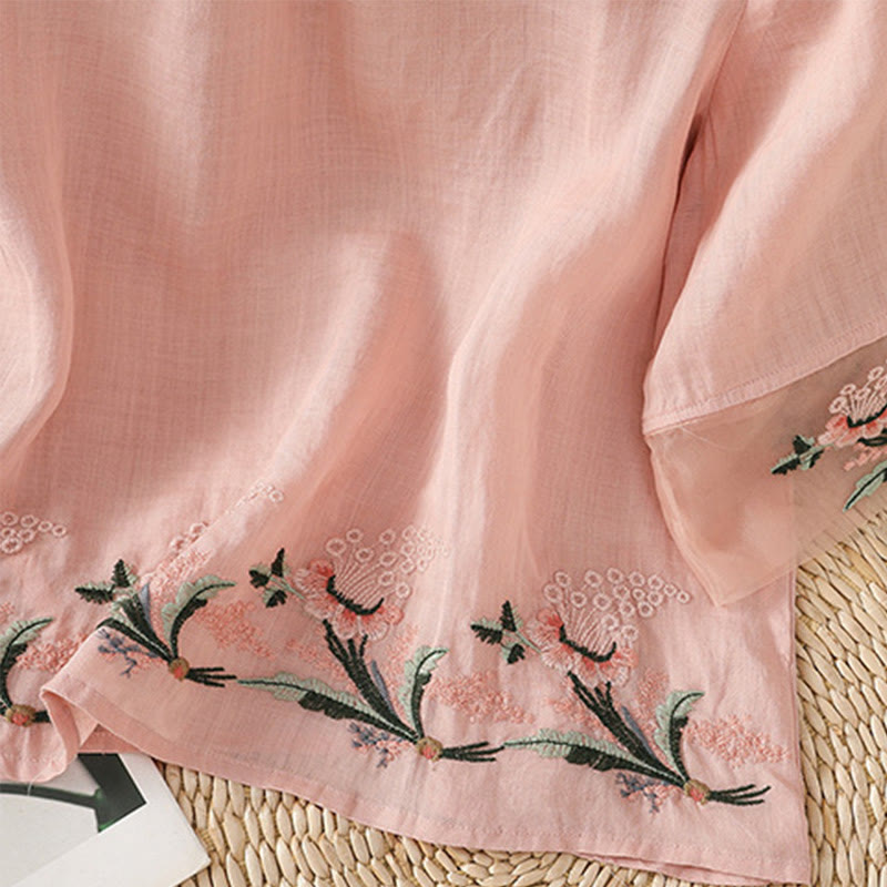 Nimara Ritual Casual Floral Embroidery Crew Neck Women's Frog-Button Polyester Half Sleeve Shirt