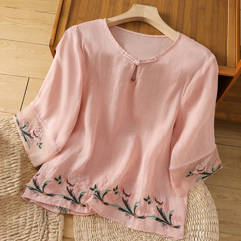 Nimara Ritual Casual Floral Embroidery Crew Neck Women's Frog-Button Polyester Half Sleeve Shirt