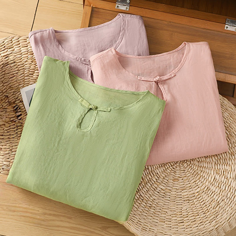 Nimara Ritual Casual Floral Embroidery Crew Neck Women's Frog-Button Polyester Half Sleeve Shirt