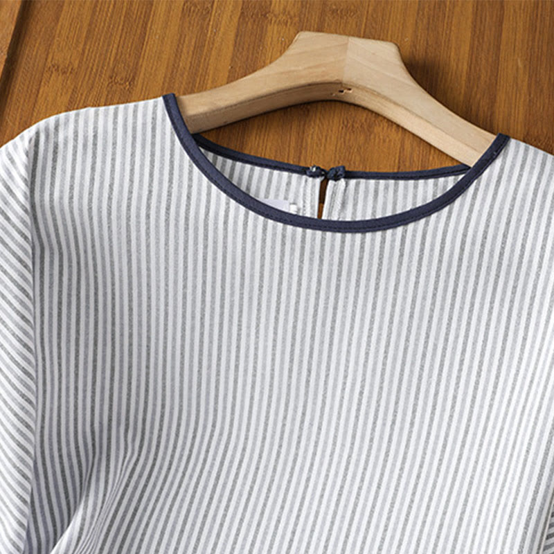 Nimara Ritual Pullover Stripes Crew Neck Design Women's Cotton Short Sleeves Shirt