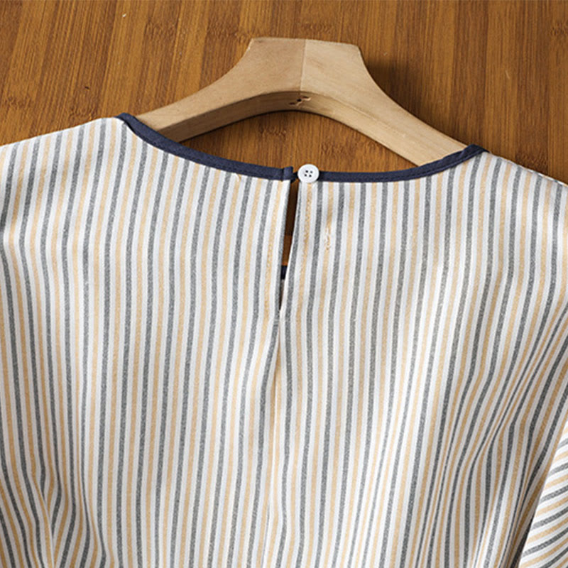 Nimara Ritual Pullover Stripes Crew Neck Design Women's Cotton Short Sleeves Shirt
